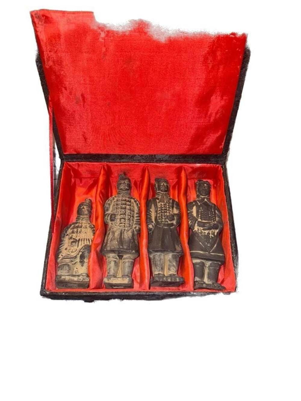 Vintage Chinese Terracotta Army Warrior Figurines Set of 4 in Red Silk Lined Box